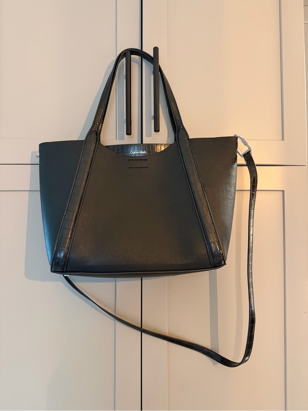 Calvin Klein Black Tote with Croc-Trim Shoulder Strap